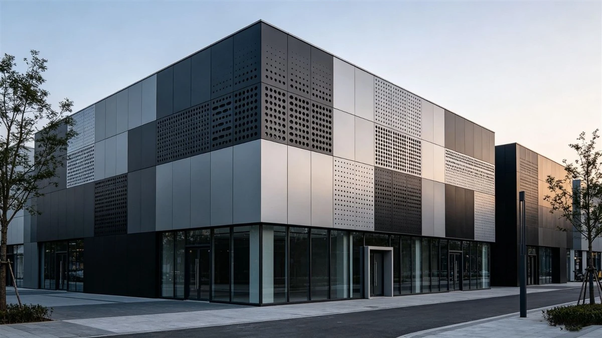 AAMA 2605 PVDF coated metal facade on modern sustainable commercial building AAMA 2605 PVDF coated metal facade on modern sustainable commercial building